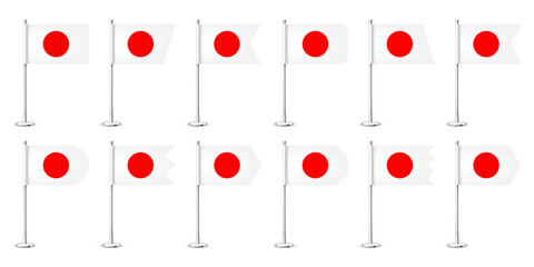 Realistic various Japanese table flags on a chrome steel pole. Souvenir from Japan. Desk flag made of paper or fabric, shiny metal stand. Mockup for promotion and advertising. Vector illustration