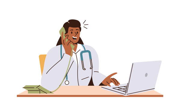 Woman doctor having call with patient and working on laptop computer sitting at desk table