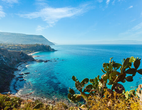 Beautiful Calabrian Tyrrhenian sea coastline landscape. Not far from Capo Vaticano Ricardi, Tropea, Calabria, Italy.