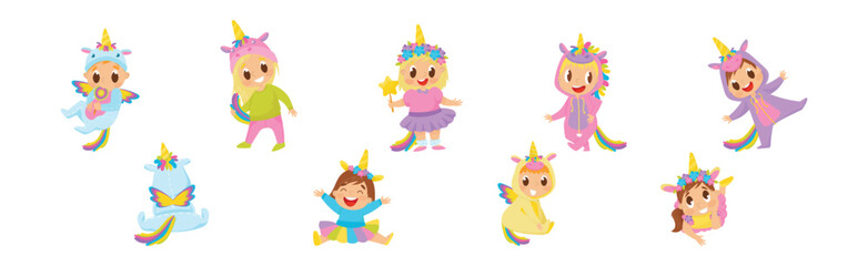 Obraz na płótnie Canvas Baby Child Wearing Unicorn Costume and Smiling Vector Set