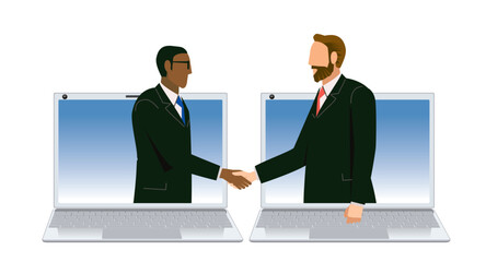 ビジネスのオンラインの商談のイメージのイラスト。パソコンの画面で握手するビジネスマン