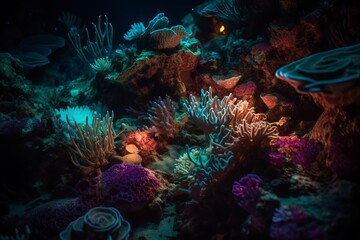 Fototapeta na wymiar A coral reef glows neon in the darkness, creating a surreal underwater landscape