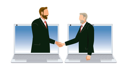 ビジネスのオンラインの商談のイメージのイラスト。パソコンの画面で握手するビジネスマン