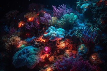 A coral reef glows neon in the darkness, creating a surreal underwater landscape