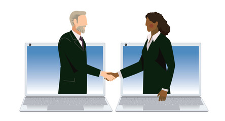 ビジネスのオンラインの商談のイメージのイラスト。パソコンの画面で握手する男女ビジネスマン