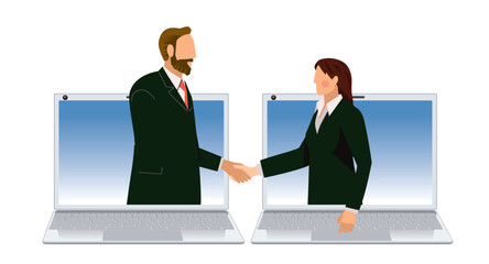 ビジネスのオンラインの商談のイメージのイラスト。パソコンの画面で握手する男女ビジネスマン
