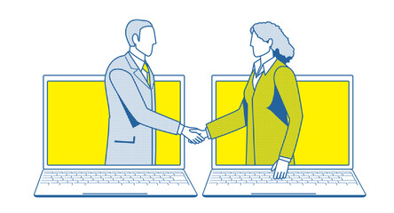 ビジネスのオンラインの商談のイメージのシンプルな2色のイラスト。パソコンの画面で握手するビジネスマン