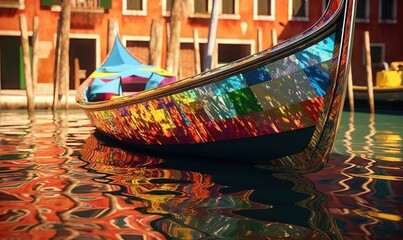 Fototapeta na wymiar a colorful gondola sitting on the water in front of a building. generative ai