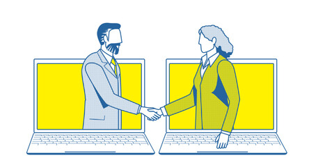 ビジネスのオンラインの商談のイメージのシンプルな2色のイラスト。パソコンの画面で握手するビジネスマン