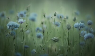  a bunch of blue flowers that are in a field of grass.  generative ai