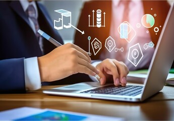 Business man on a notebook. Holographic icons. 