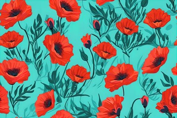 poppies flowers with leaves seamless pattern background