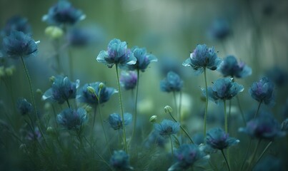  a bunch of blue flowers that are in the grass with a blurry background.  generative ai