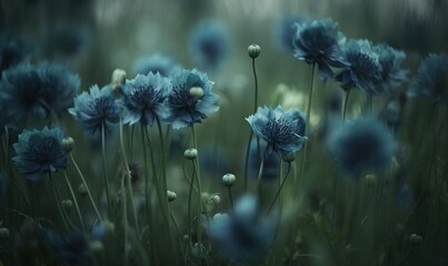  a bunch of blue flowers in a field of green grass.  generative ai