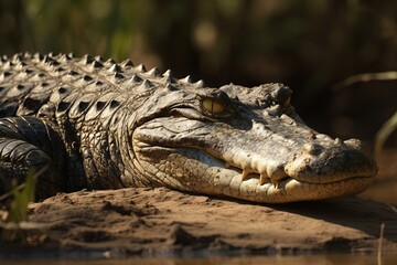 Photograph a crocodile basking in the sun on the riverbank