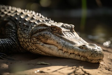 Fototapeta premium Photograph a crocodile basking in the sun on the riverbank