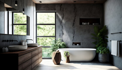 Fototapeta premium bathroom, interior, house, room, home, luxury, building, modern, inside, window, mockup, luxurious, view, 3d, loft, real estate, decoration, stylish, wash, elegance, concept, elegant, beautiful, space