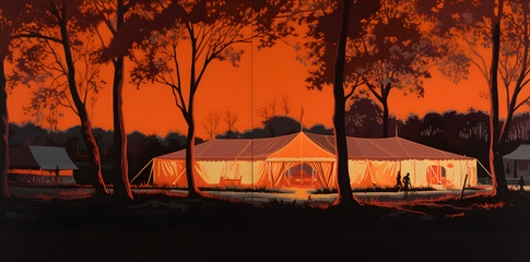Watch the magnificent beauty of nature as it unfolds against the backdrop of a tent set up in a field. This picturesque scene makes for the great nature illustration background. 