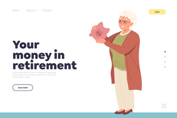 Money in retirement idea for landing page design template with happy senior woman character