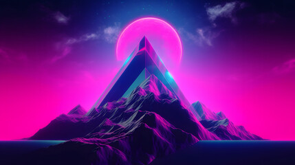 A digital painting of a mountain with a pink and blue background