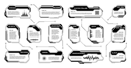 Black futuristic HUD, UI elements. Sci-fi user interface text boxes, callouts. Warning message frames, information boxes template. Modern game interface layout in digital style. Vector illustration