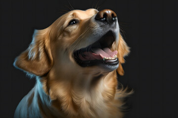 A golden retriever dog with its mouth open looking up