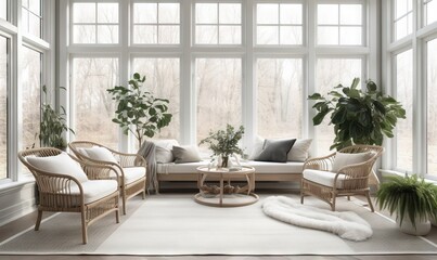  a living room filled with furniture and a large window covered in lots of windows.  generative ai