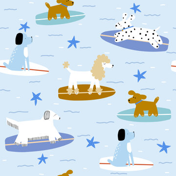 Cute surfers dogs in the ocean. Summer kids print. Vector hand drawn illustration.