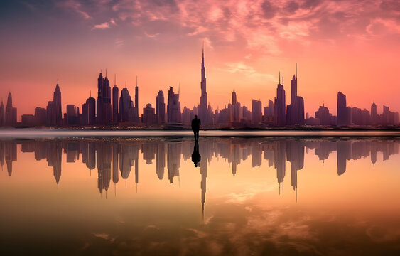 A person standing in front of a body of water with a city in the background