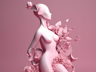 A pink sculpture of a woman surrounded by flowers