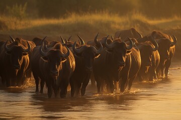 Fototapeta na wymiar Observe a herd of buffalo crossing a river during migration season