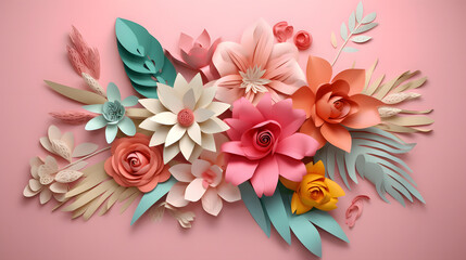 A bunch of paper flowers on a pink background