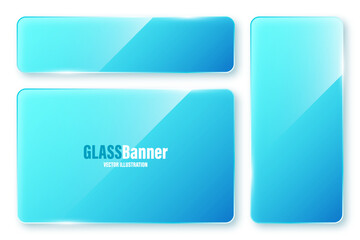 Realistic isolated glass frames collection. Blue transparent glass banners with flares and highlights. Glossy acrylic plate, element with light reflection and place for text. Vector illustration