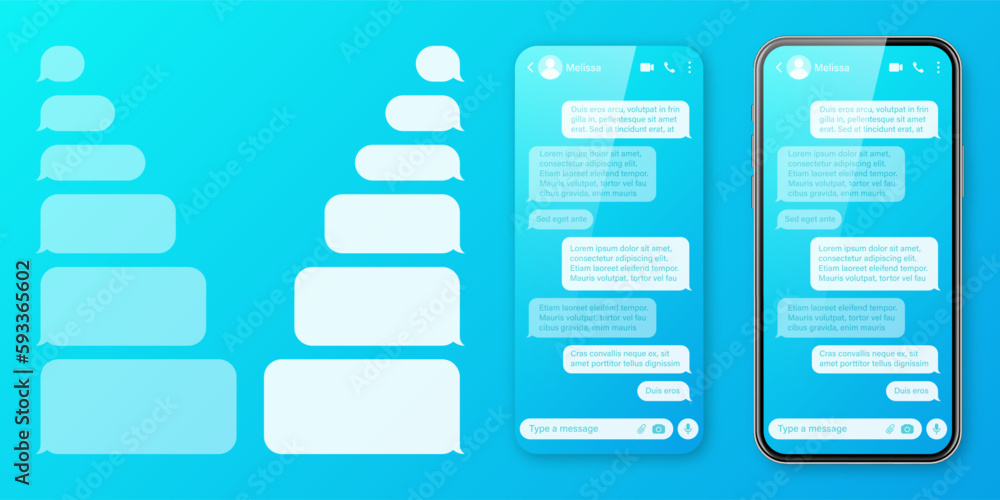 Wall mural realistic smartphone with messaging app on colorful blue background. blank sms text frame. chat scre