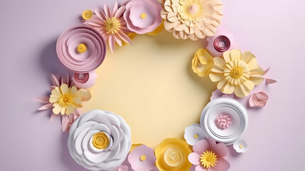 Paper flowers arranged in a circle on a purple background