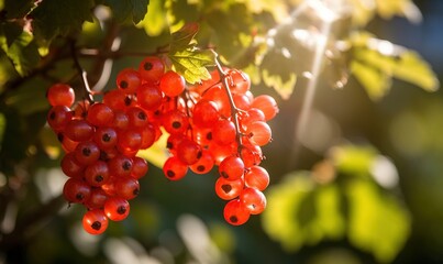  a bunch of red berries hanging from a tree with green leaves.  generative ai