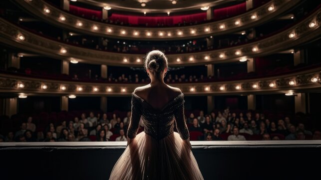 Opera singer looks at the audience during a performance. In a traditional costume, with a hairstyle. Generative AI