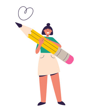Happy woman holding big pencil. Successful student, artist, writer standing with large pencil. Work passion and creativity concept. Flat cartoon vector illustration