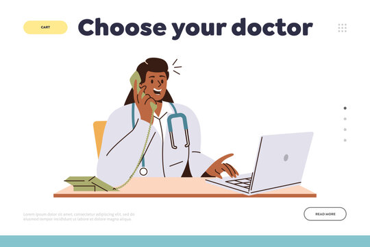 Landing page advertising online service for choosing doctor online, searching therapist for help