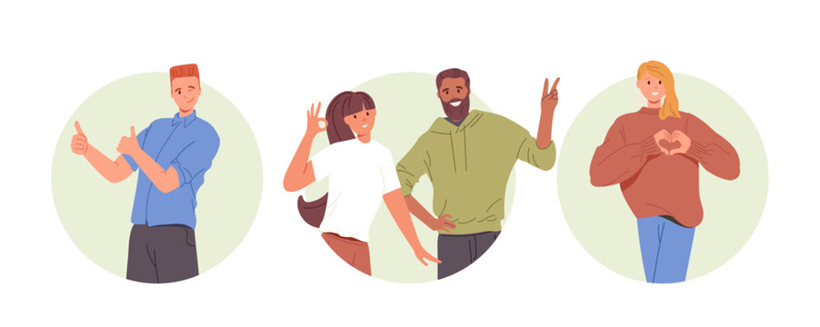 Different male and female people with positive gestures and happiness emotions on face set