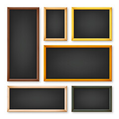 Realistic various chalkboards in a wooden frame. Black restaurant menu board. School blackboard, writing surface for text or drawing. Blank advertising or presentation boards. Vector illustration