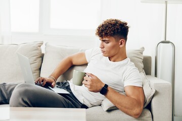 man business job laptop browsing looking adult education white cup freelance laptop