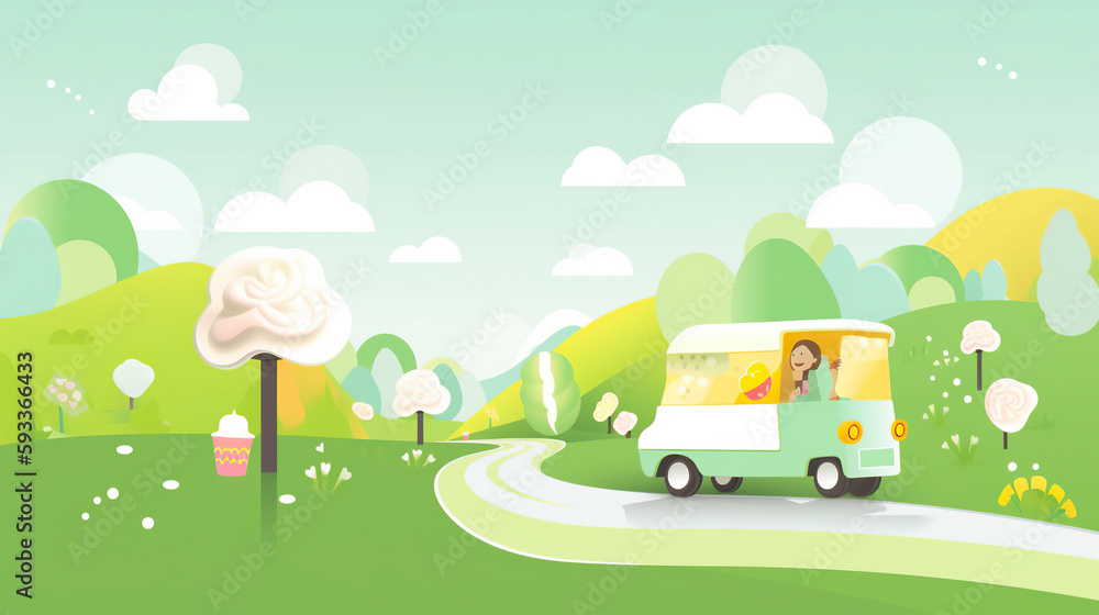 Poster a small bus driving down a road next to a lush green field. ai generative image