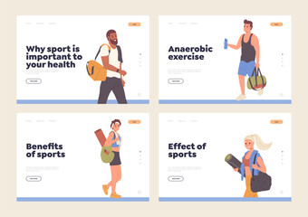Effect and benefits of sport landing page set with happy sportive people going for workout training