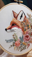 Volumetric embroidery of the fox on a hoop