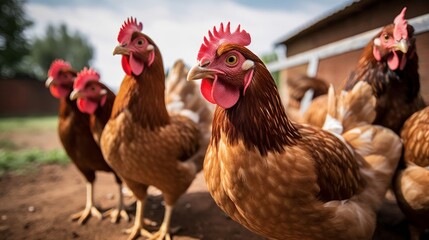 Chickens on the farm, close-up. Generative AI