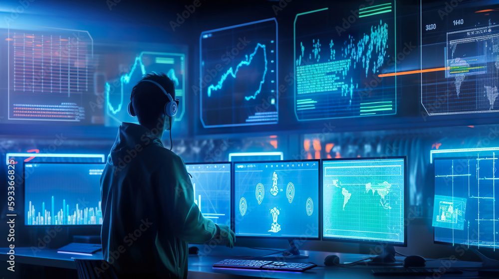 Poster a man wearing a headset in front of multiple computer screens. ai generative image