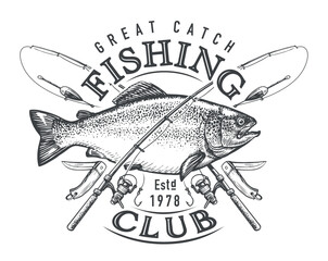 Fishing club emblem. Outdoor sports lifestyle concept. Great fish catch, sketch vector illustration © ~ Bitter ~