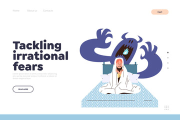 Landing page template with tackling irrational fears concept and frightened kid afraid monster