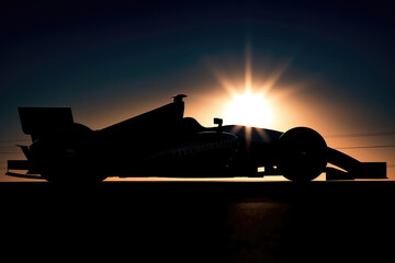 Fototapeta na wymiar Silhouette of racing car with sun flare. Generative AI.
